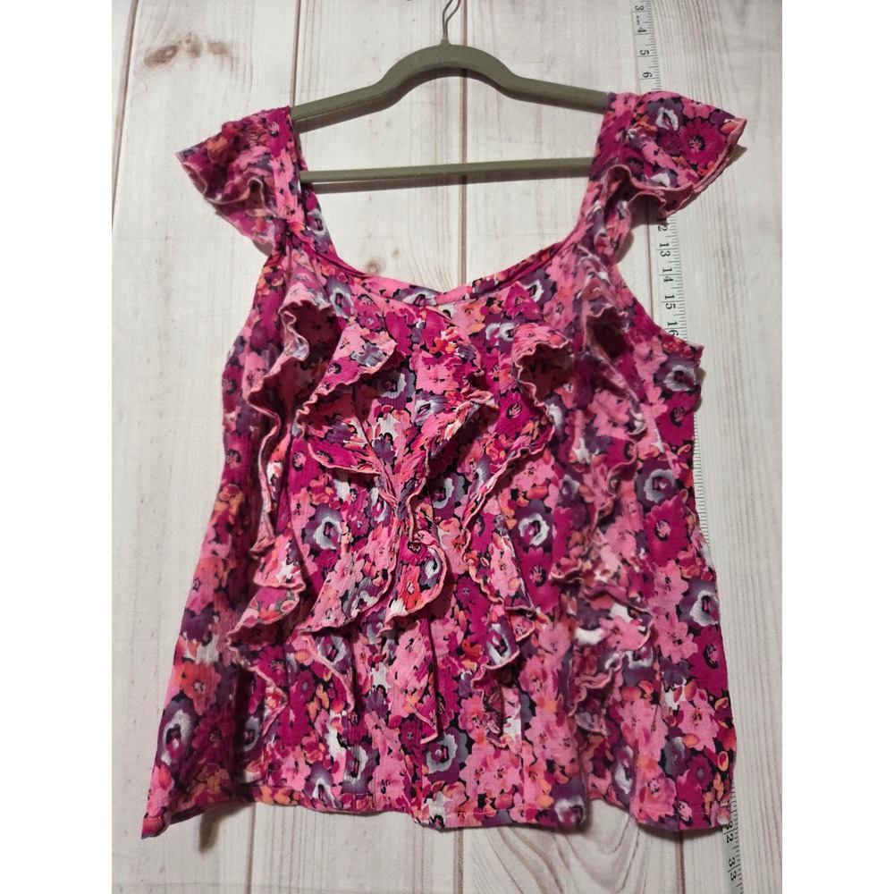 Dressbarn Womens XL Pink Floral Ruffle Front Flutter Sleeve Cotton Gauze Top